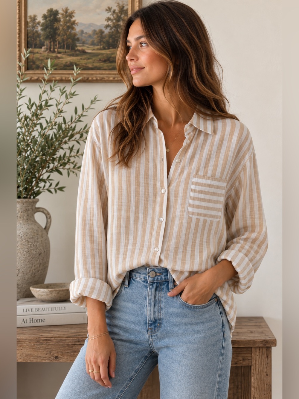 J. Jill Cream and Tan Striped linen Button-Down Shirt